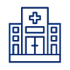 A blue line drawing of a hospital building