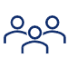 Blue line drawing of a group of 3 people
