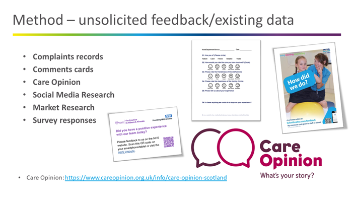 Examples of unsolicited feedback sources, such as complaints records, social media, market research and surveys