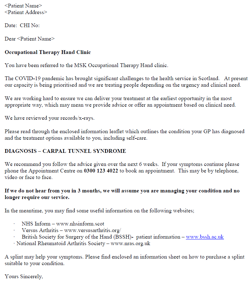 Example of a patient letter from the MSK OT Hand Clinic